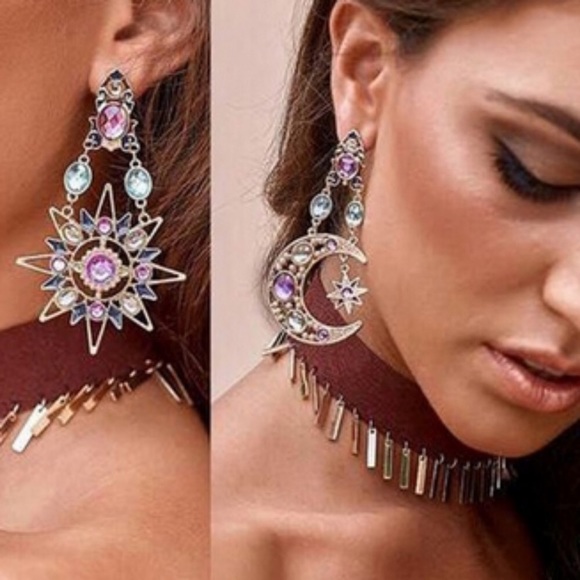 Boho Crystal Sun & Moon Drop Earrings - Picture 3 of 6